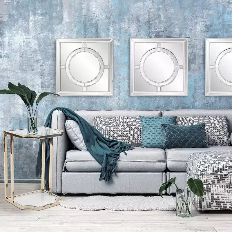 20"x20" Square Wall Mirror: Champagne Silver Leaf Trim, Art Deco Style, Wall Mount