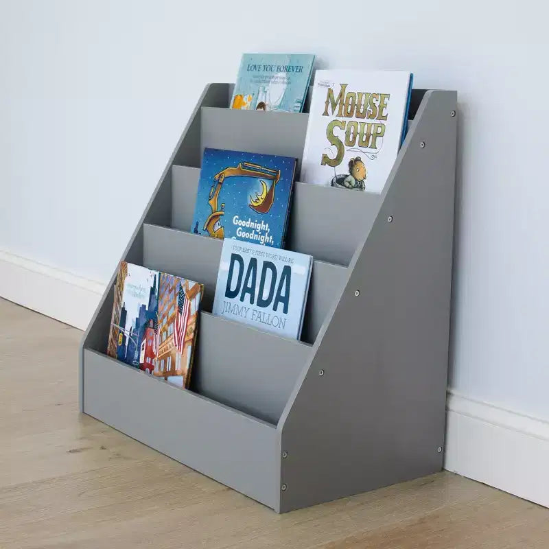 Bibliothèque Explorateur pour enfants en bois gris : Meuble à livres en MDF à 4 étagères, 61 cm H x 61 cm l x 33 cm P, à partir de 2 ans