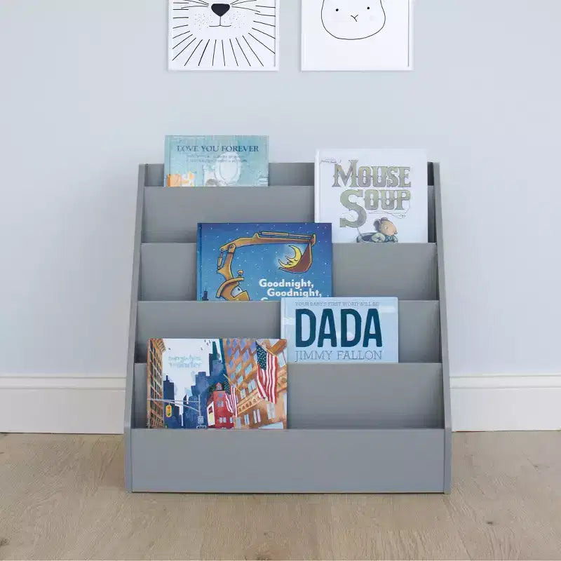 Bibliothèque Explorateur pour enfants en bois gris : Meuble à livres en MDF à 4 étagères, 61 cm H x 61 cm l x 33 cm P, à partir de 2 ans