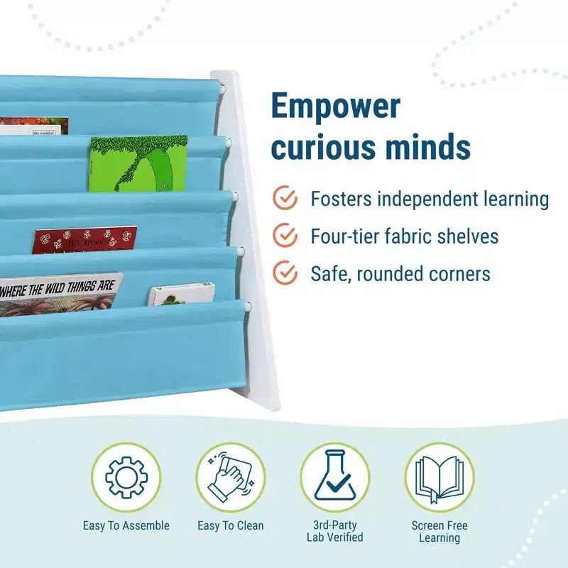 Étagère à livres pour enfants avec poches en tissu blanc/turquoise : Étagère à livres fantaisie à 4 niveaux en MDF pour le rangement des enfants, à partir de 3 ans