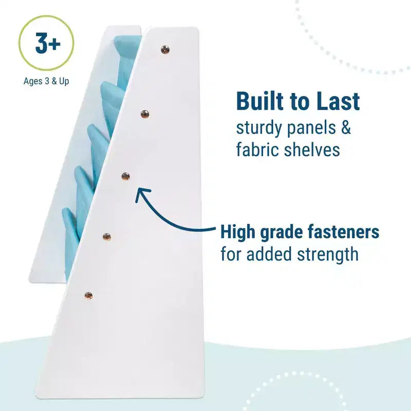 Étagère à livres pour enfants avec poches en tissu blanc/turquoise : Étagère à livres fantaisie à 4 niveaux en MDF pour le rangement des enfants, à partir de 3 ans