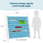 Étagère à livres pour enfants avec poches en tissu blanc/turquoise : Étagère à livres fantaisie à 4 niveaux en MDF pour le rangement des enfants, à partir de 3 ans