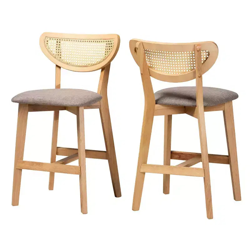 Tabourets de bar hauteur comptoir Dannell en tissu et bois Gris/Chêne naturel/Marron clair : Revêtement en polyester, Structure en bois d'hévéa