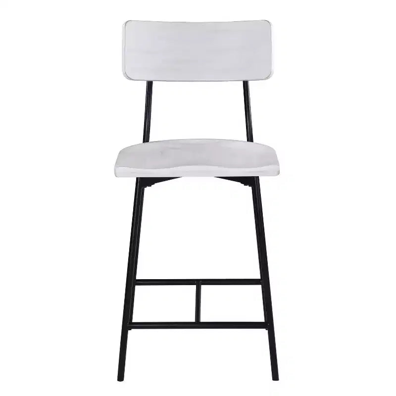 Tabouret de bar hauteur comptoir Bari blanchi : Assise en selle, dossier incurvé, structure métallique