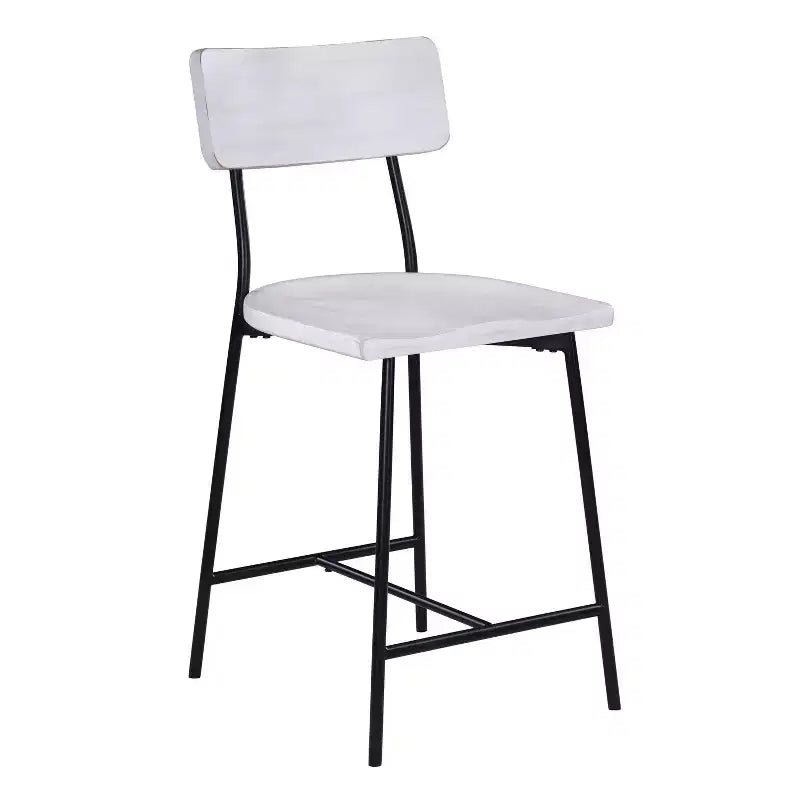 Tabouret de bar hauteur comptoir Bari blanchi : Assise en selle, dossier incurvé, structure métallique