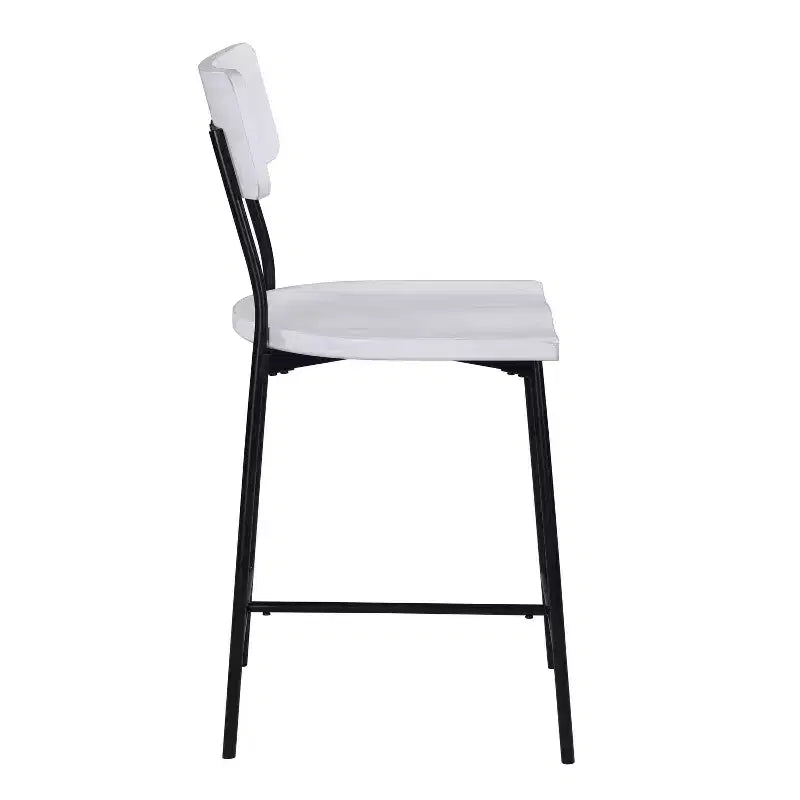 Tabouret de bar hauteur comptoir Bari blanchi : Assise en selle, dossier incurvé, structure métallique