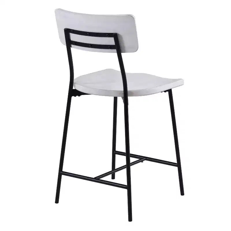 Tabouret de bar hauteur comptoir Bari blanchi : Assise en selle, dossier incurvé, structure métallique