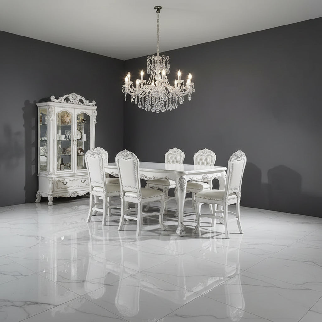 Table à manger Dresden 55", finition blanc cassé : Carrée, 8 places, piétement en résine