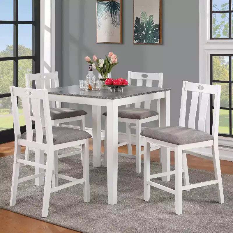 Ensemble de salle à manger Seawhisper de hauteur comptoir de transition blanc/gris : Table carrée, chaises rembourrées