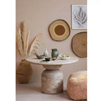 Table à manger en bois de manguier naturel : Finition blanchie, pied central, diamètre 119 cm