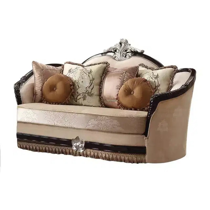 Canapé Ernestine 75" Tissu Tan et finition noire : Causeuse traditionnelle, coussins amovibles, 3 coussins décoratifs