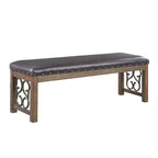 Bancs et poufs Raphaela 56" en similicuir noir et finition merisier vieilli : bordure cloutée, pieds en métal