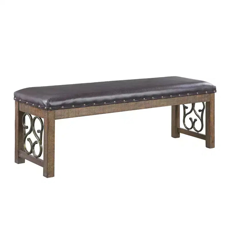 Bancs et poufs Raphaela 56" en similicuir noir et finition merisier vieilli : bordure cloutée, pieds en métal