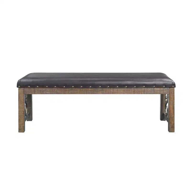 Bancs et poufs Raphaela 56" en similicuir noir et finition merisier vieilli : bordure cloutée, pieds en métal