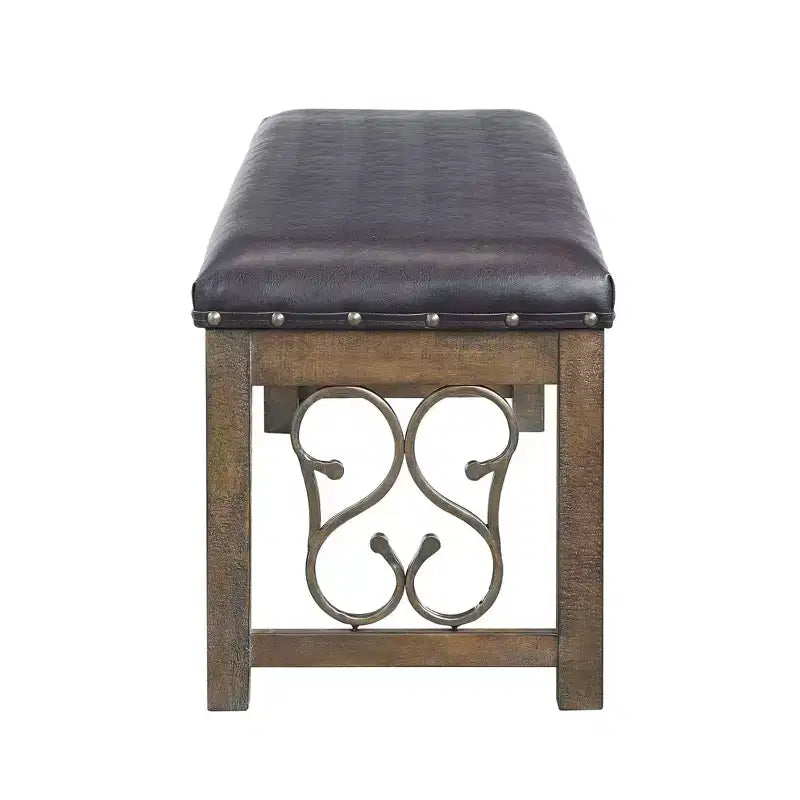 Bancs et poufs Raphaela 56" en similicuir noir et finition merisier vieilli : bordure cloutée, pieds en métal