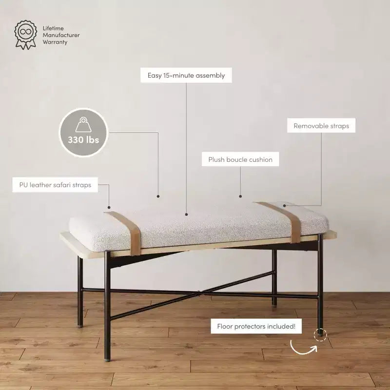 Banc Thatcher Boucle bois et métal avec coussin amovible : Bord incurvé, sangles en cuir vegan, fermeture éclair, facile à nettoyer