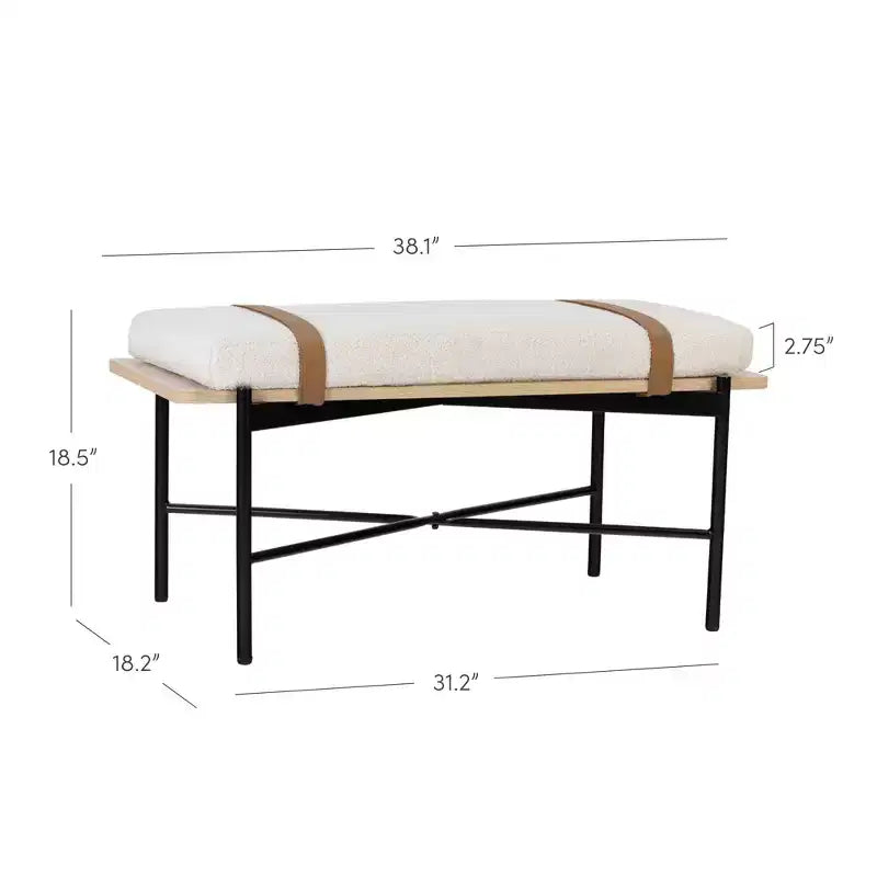 Banc Thatcher Boucle bois et métal avec coussin amovible : Bord incurvé, sangles en cuir vegan, fermeture éclair, facile à nettoyer