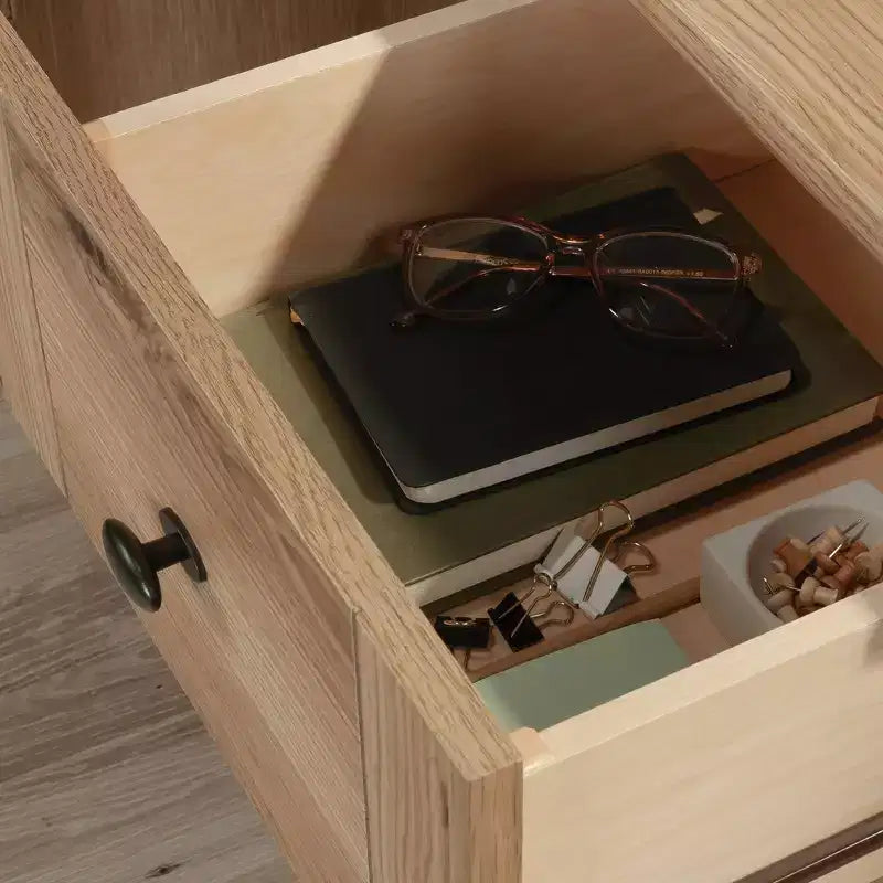 Bureau informatique Sauder en chêne Timber : Meuble de bureau de style vintage avec tiroir de rangement et cadre en MDF