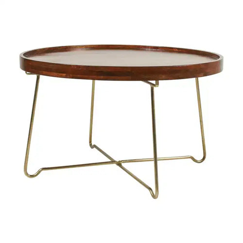 East at Main 32.38" Round Coffee Table Natural/Gold: Mango Wood Top, Criss Cross Brass Base, No Assembly Required