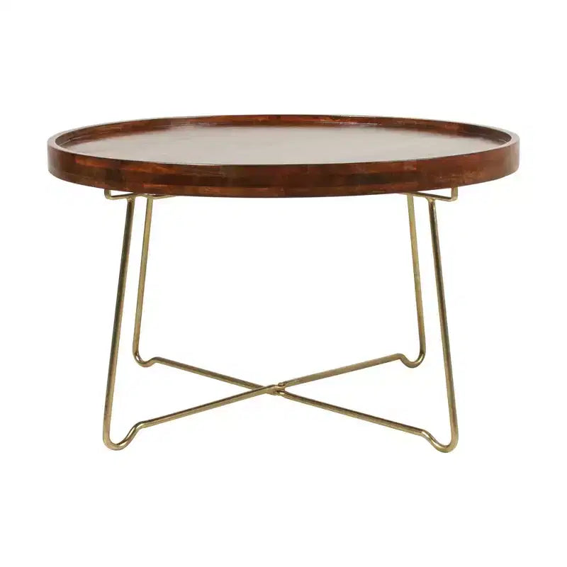 Table basse ronde 82,2 cm Naturel/Or : Plateau en manguier, piètement croisé en laiton, aucun assemblage requis