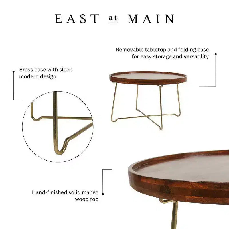 Table basse ronde 82,2 cm Naturel/Or : Plateau en manguier, piètement croisé en laiton, aucun assemblage requis