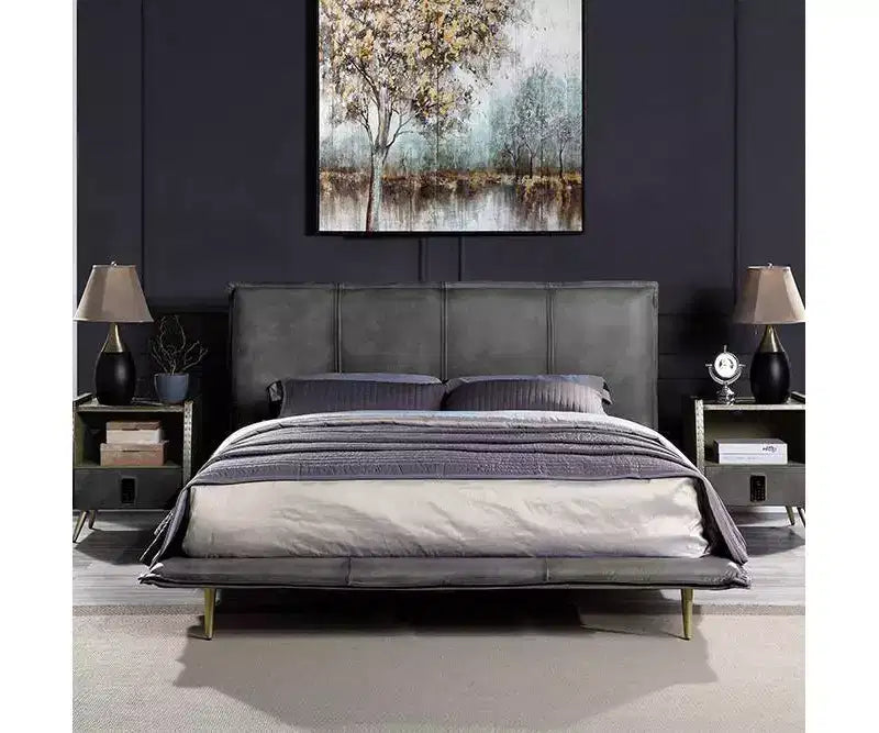 Lit Queen Metis Gris Cuir Fleur de 91" : Style Industriel Moderne, Pieds en Métal, Rembourrage Moelleux