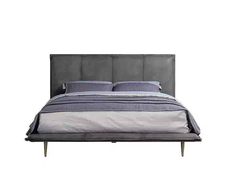 Lit Queen Metis Gris Cuir Fleur de 91" : Style Industriel Moderne, Pieds en Métal, Rembourrage Moelleux