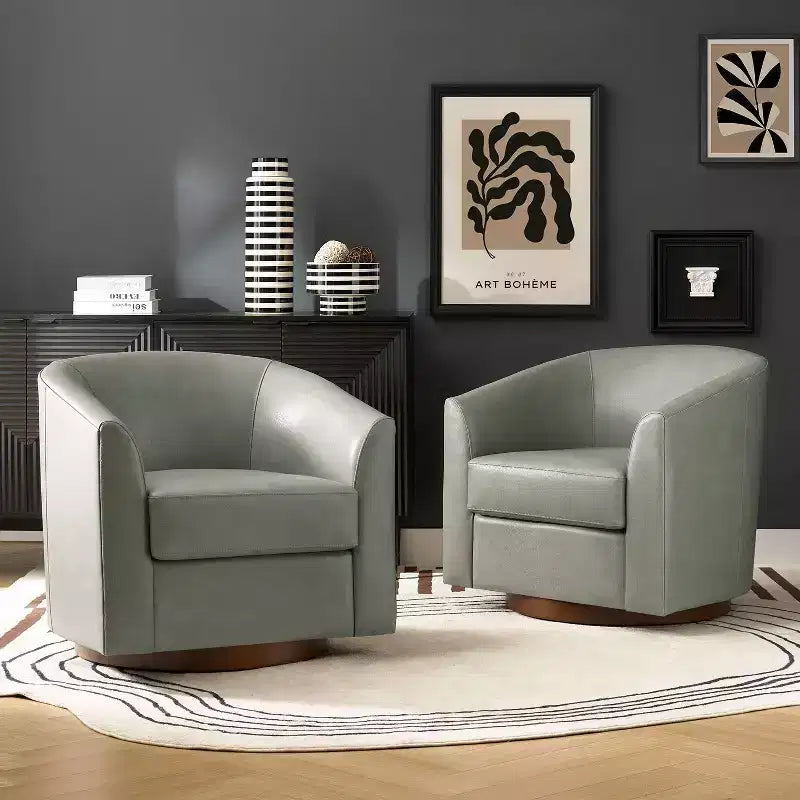 Fauteuil baril pivotant à 360 degrés en cuir véritable Molly Modern avec base en bois massif