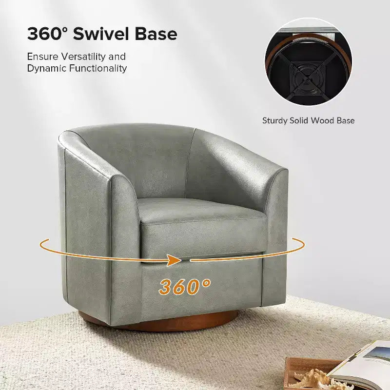 Fauteuil baril pivotant à 360 degrés en cuir véritable Molly Modern avec base en bois massif