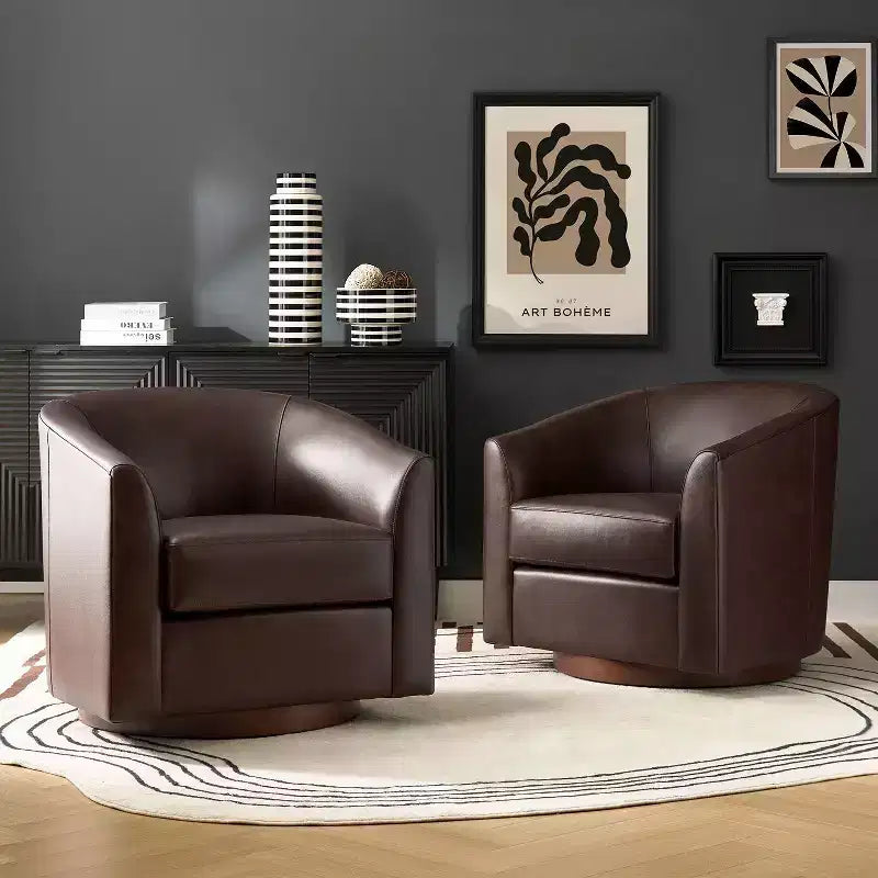 Fauteuil baril pivotant à 360 degrés en cuir véritable Molly Modern avec base en bois massif