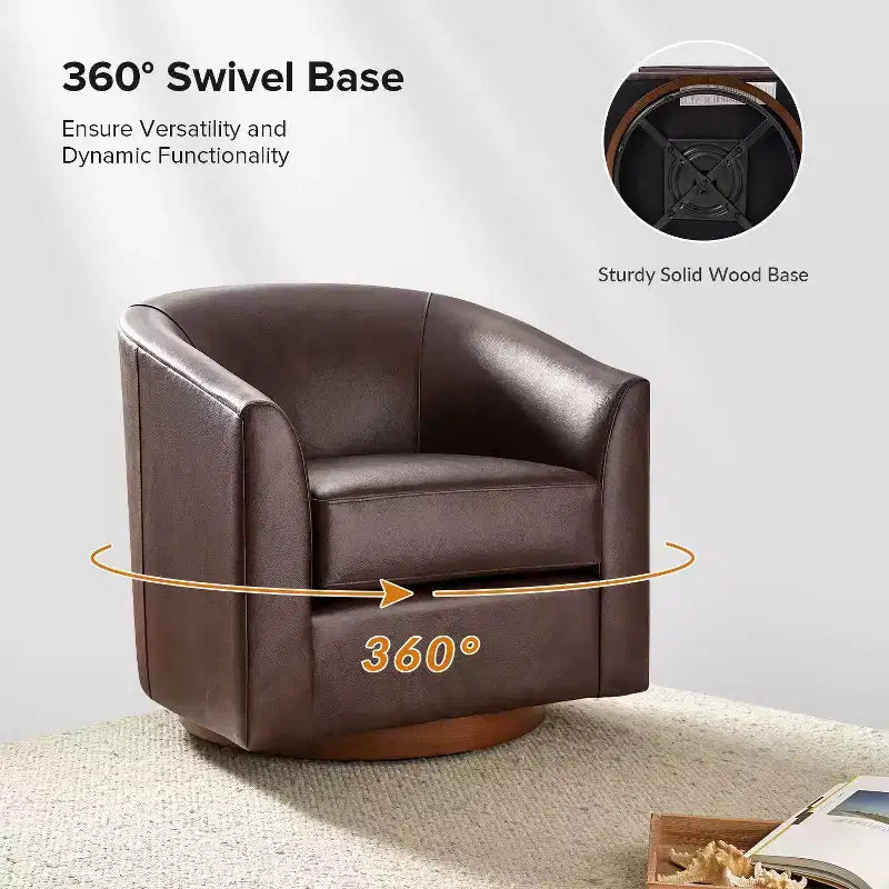 Fauteuil baril pivotant à 360 degrés en cuir véritable Molly Modern avec base en bois massif