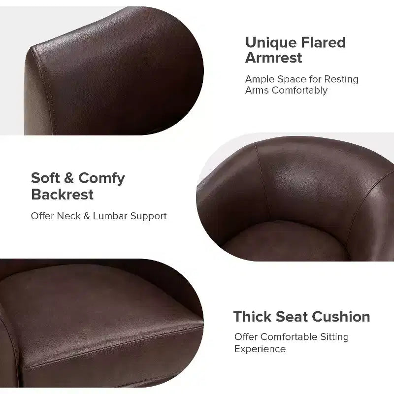 Fauteuil baril pivotant à 360 degrés en cuir véritable Molly Modern avec base en bois massif