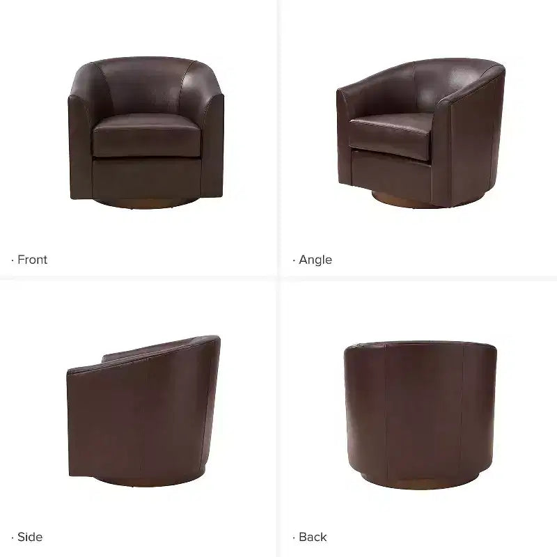 Fauteuil baril pivotant à 360 degrés en cuir véritable Molly Modern avec base en bois massif