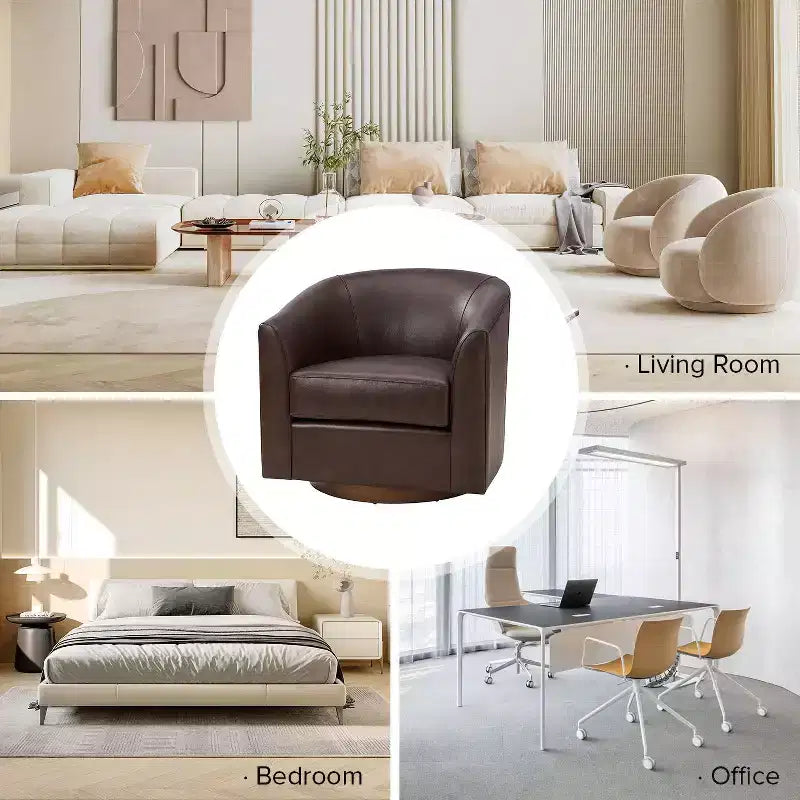 Fauteuil baril pivotant à 360 degrés en cuir véritable Molly Modern avec base en bois massif
