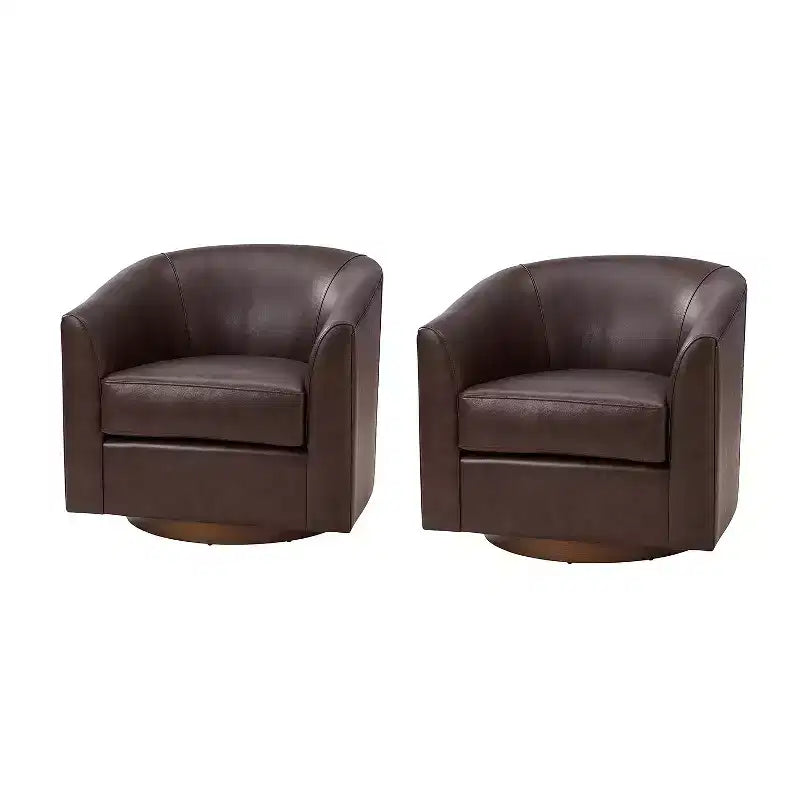 Fauteuil baril pivotant à 360 degrés en cuir véritable Molly Modern avec base en bois massif