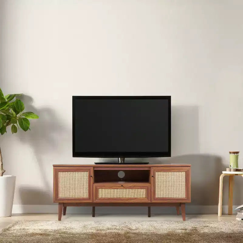 Meuble TV de ferme TVS1002A Finley 59 po. en cannage avec tiroir et portes de rangement – Convient aux téléviseurs jusqu'à 65 po. avec gestion des câbles