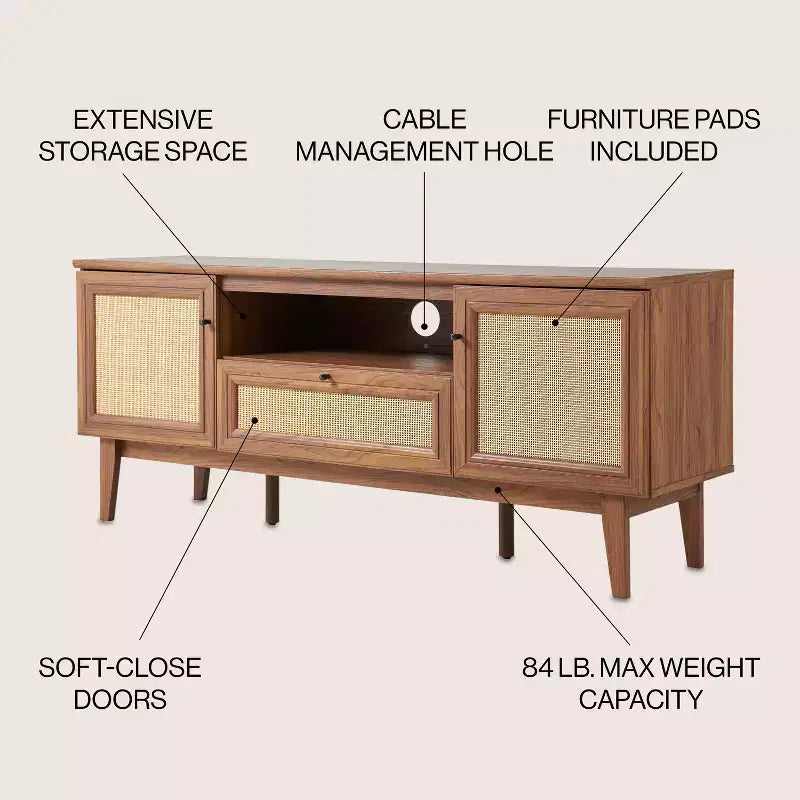 Meuble TV de ferme TVS1002A Finley 59 po. en cannage avec tiroir et portes de rangement – Convient aux téléviseurs jusqu'à 65 po. avec gestion des câbles