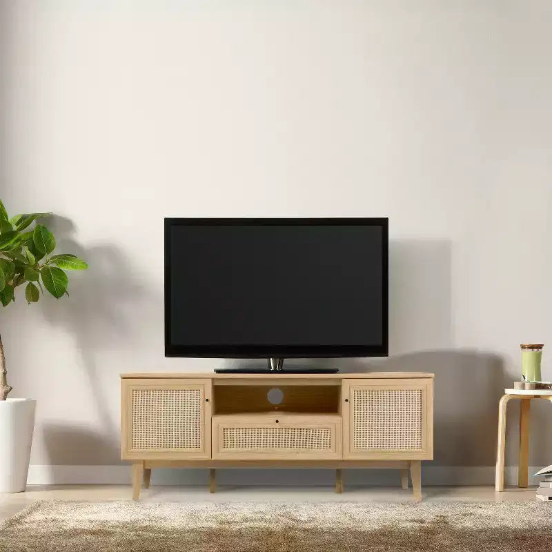 Meuble TV de ferme TVS1002A Finley 59 po. en cannage avec tiroir et portes de rangement – Convient aux téléviseurs jusqu'à 65 po. avec gestion des câbles