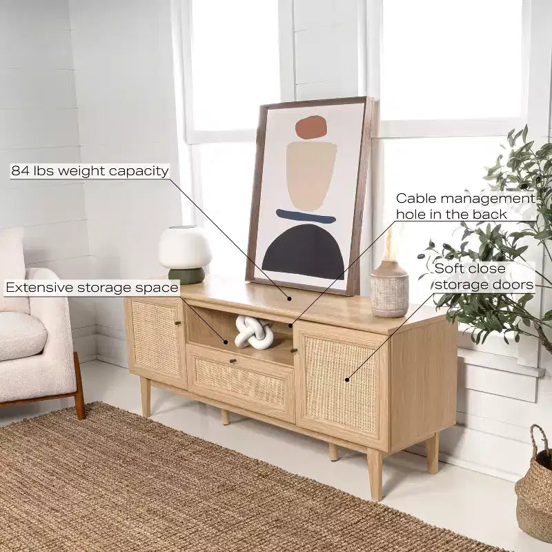 Meuble TV de ferme TVS1002A Finley 59 po. en cannage avec tiroir et portes de rangement – Convient aux téléviseurs jusqu'à 65 po. avec gestion des câbles