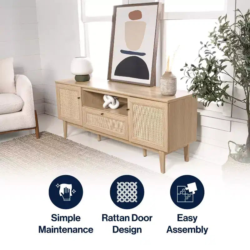Meuble TV de ferme TVS1002A Finley 59 po. en cannage avec tiroir et portes de rangement – Convient aux téléviseurs jusqu'à 65 po. avec gestion des câbles