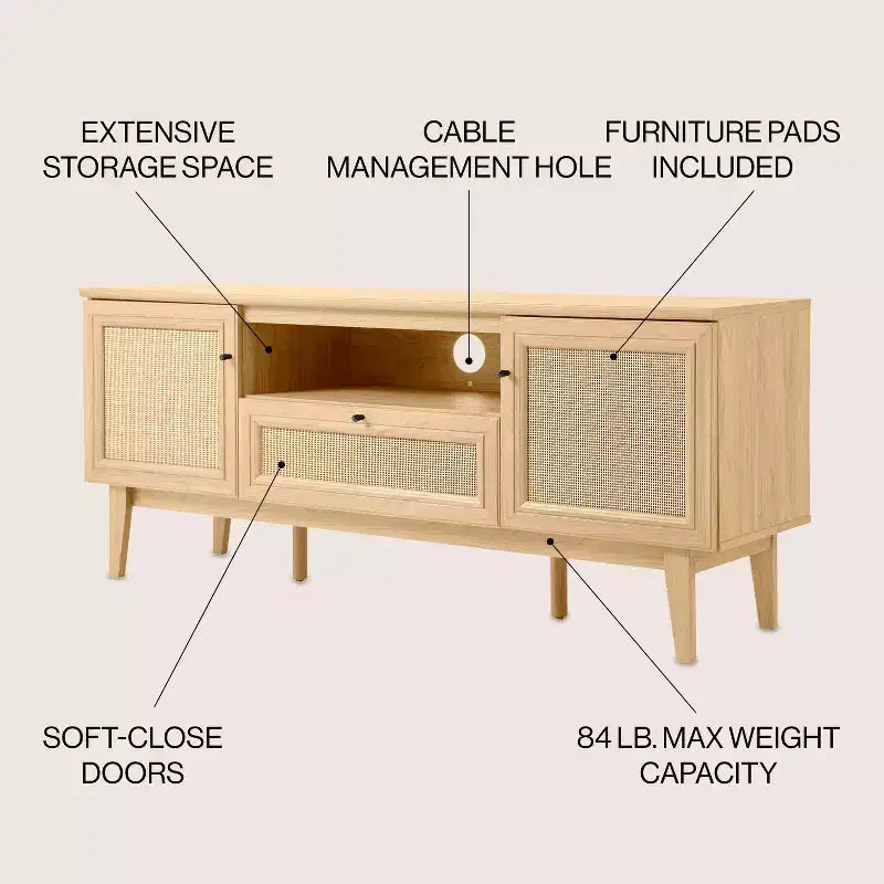 Meuble TV de ferme TVS1002A Finley 59 po. en cannage avec tiroir et portes de rangement – Convient aux téléviseurs jusqu'à 65 po. avec gestion des câbles