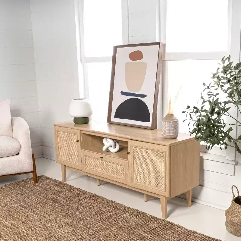 Meuble TV de ferme TVS1002A Finley 59 po. en cannage avec tiroir et portes de rangement – Convient aux téléviseurs jusqu'à 65 po. avec gestion des câbles