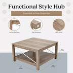 Table basse carrée de 31,5 pouces avec étagère de rangement inférieure, meubles de salon style ferme moderne, table d'appoint de bureau, beige