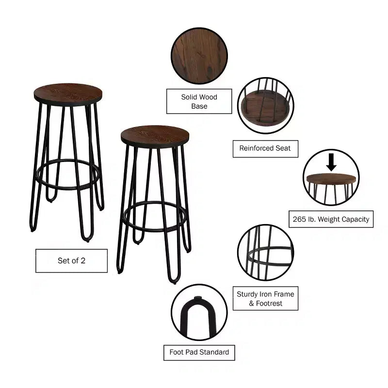 Tabourets de bar hauteur comptoir - Tabourets de bar ronds en bois avec pieds épingles à cheveux