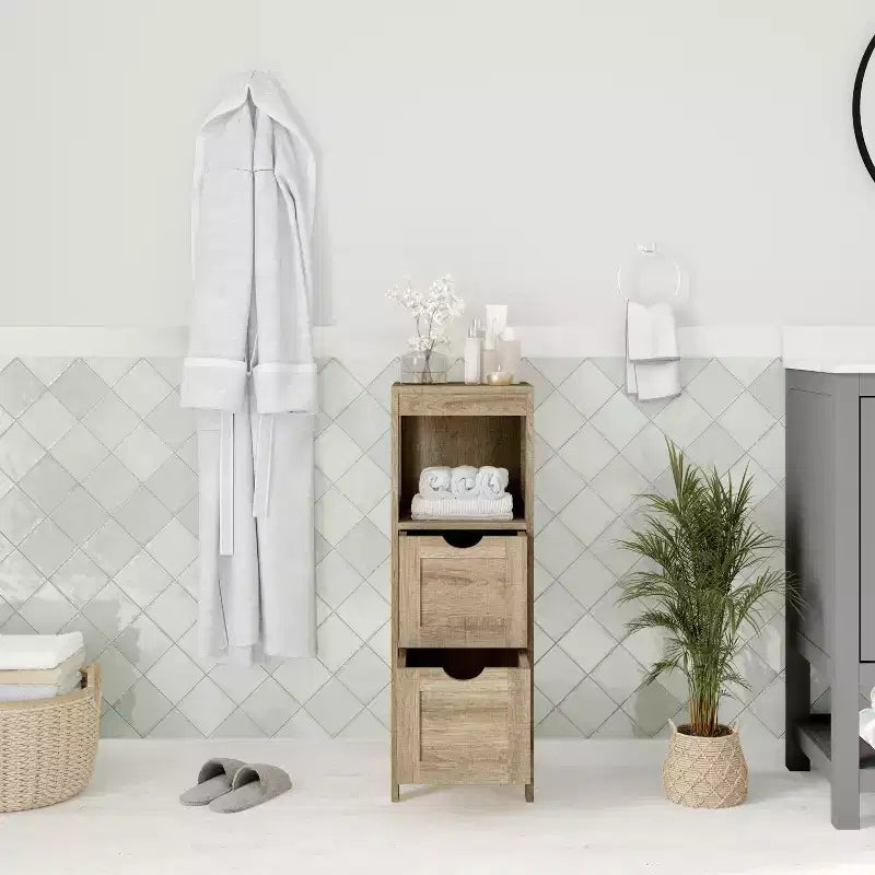 2 Drawer Bathroom Storage Cabinet Organizer with Open Display Shelf