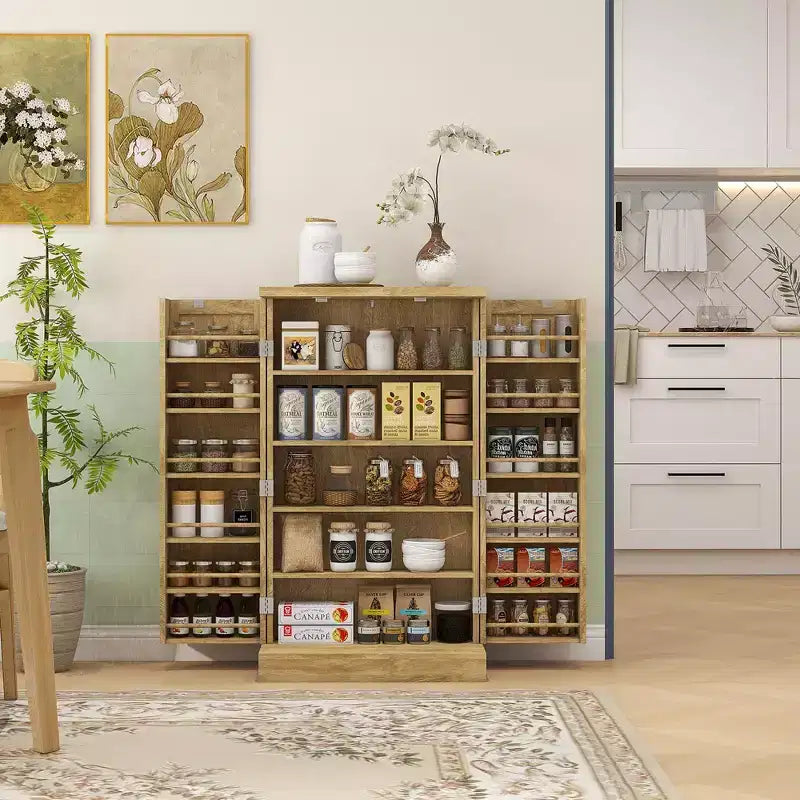 Meuble de rangement pour garde-manger de cuisine 41, armoire de cuisine autonome avec portes doubles, étagère à 5 niveaux, 12 casiers à épices et étagères réglables