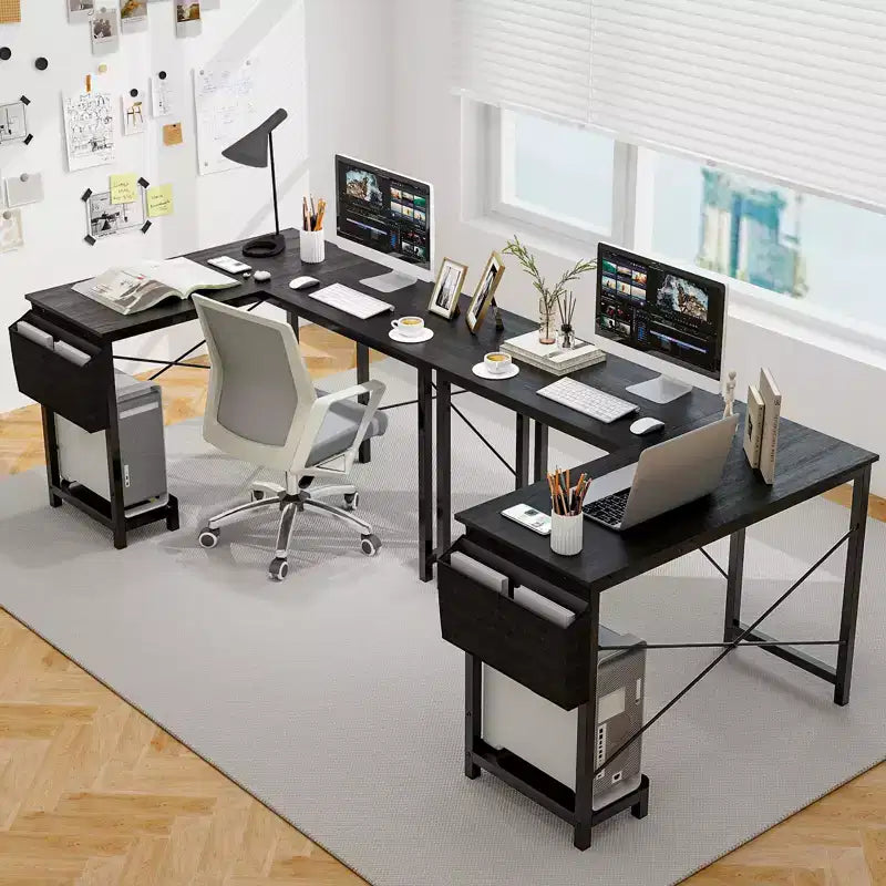Bureau d'ordinateur en L réversible avec sac de rangement latéral et support d'unité centrale Gris foncé
