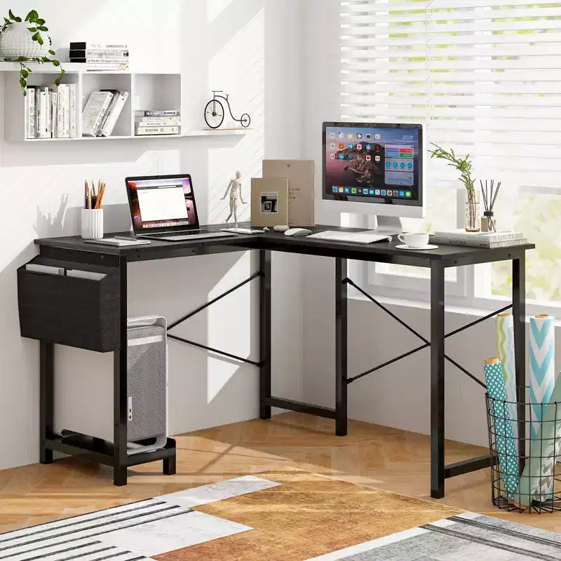 Bureau d'ordinateur en L réversible avec sac de rangement latéral et support d'unité centrale Gris foncé