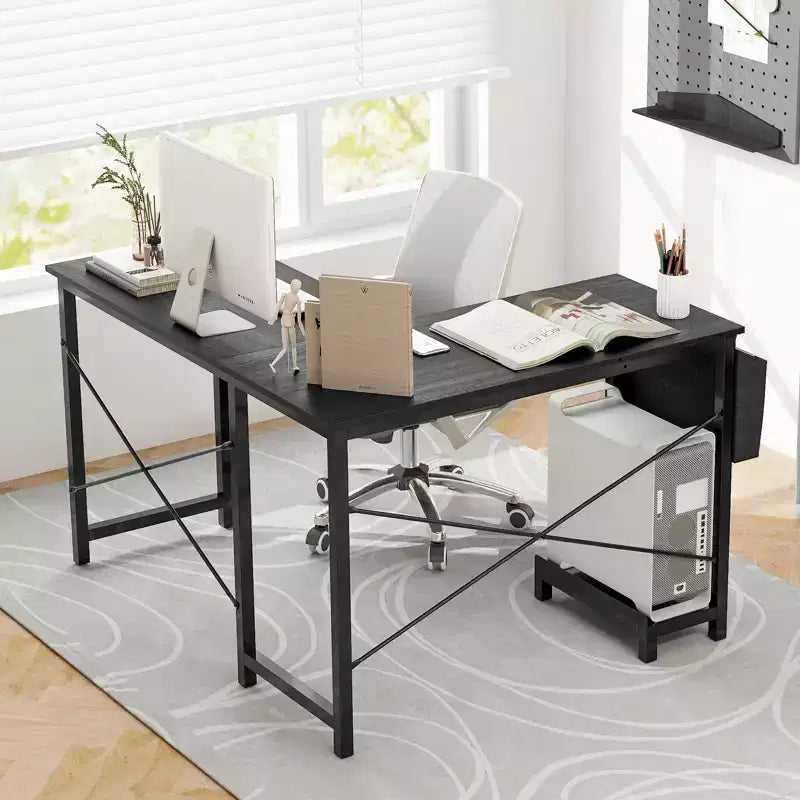 Bureau d'ordinateur en L réversible avec sac de rangement latéral et support d'unité centrale Gris foncé