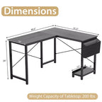 Bureau d'ordinateur en L réversible avec sac de rangement latéral et support d'unité centrale Gris foncé